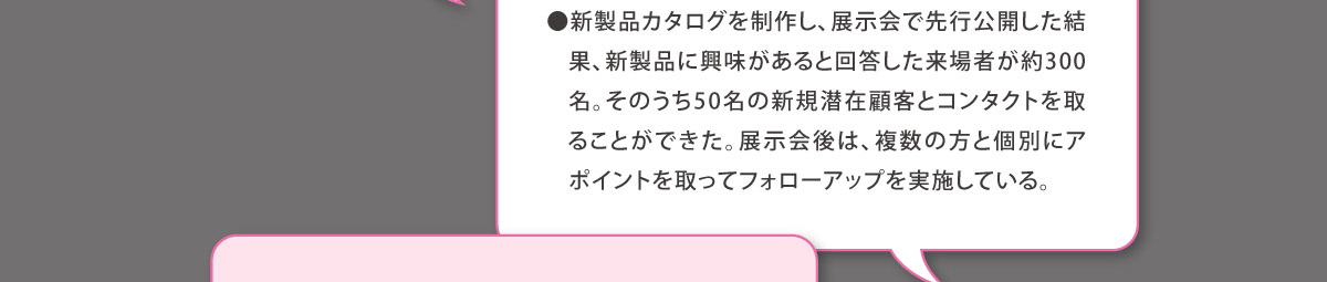 ●新製品カタログを制作し、展示会で先行公開した結果、新製品に興味があると回答した来場者が約300名。そのうち50名の新規潜在顧客とコンタクトを取ることができた。展示会後は、複数の方と個別にアポイントを取ってフォローアップを実施している。