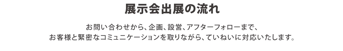 【展示会出展の流れ】
お問い合わせから、企画、設営、アフターフォローまで、
お客様と緊密なコミュニケーションを取りながら、ていねいに対応いたします。