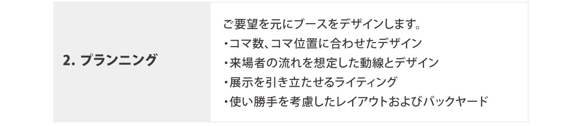 2. プランニング
	  ご要望を元にブースをデザインします。
	  ・コマ数、コマ位置に合わせたデザイン
	  ・来場者の流れを想定した動線とデザイン
	  ・展示を引き立たせるライティング
	  ・使い勝手を考慮したレイアウトおよびバックヤード